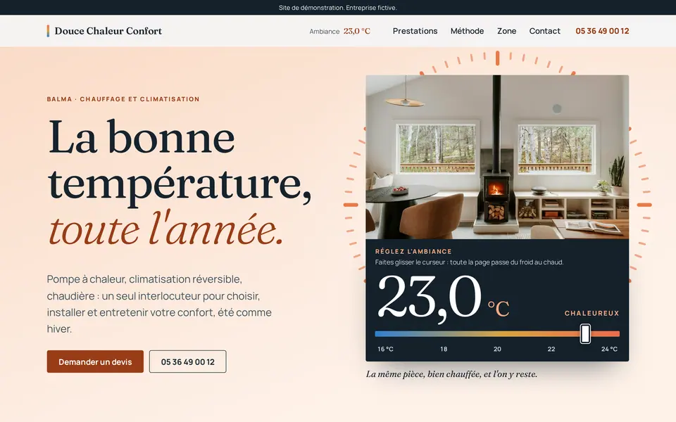 Site de démonstration chauffagiste, montré sur ordinateur, tablette et téléphone