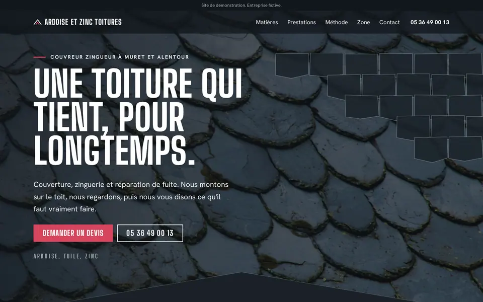 Site de démonstration couvreur, montré sur ordinateur, tablette et téléphone