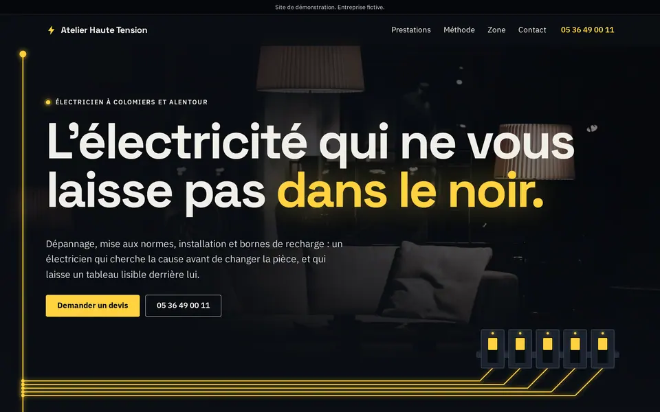 Site de démonstration électricien, montré sur ordinateur, tablette et téléphone