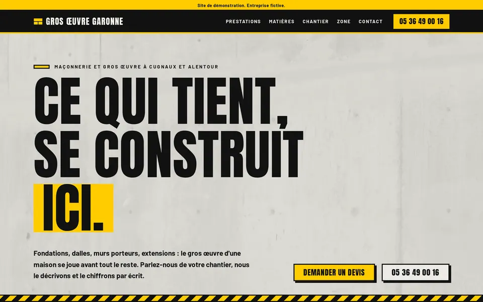 Site de démonstration maçon, montré sur ordinateur, tablette et téléphone