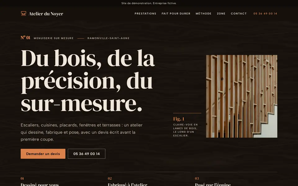 Site de démonstration menuisier, montré sur ordinateur, tablette et téléphone