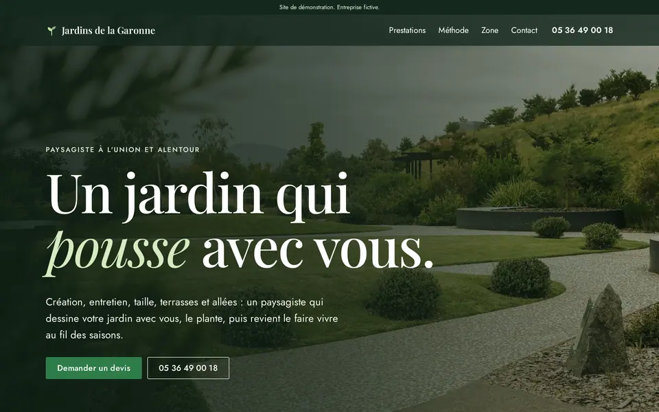 Site de démonstration paysagiste, montré sur ordinateur, tablette et téléphone