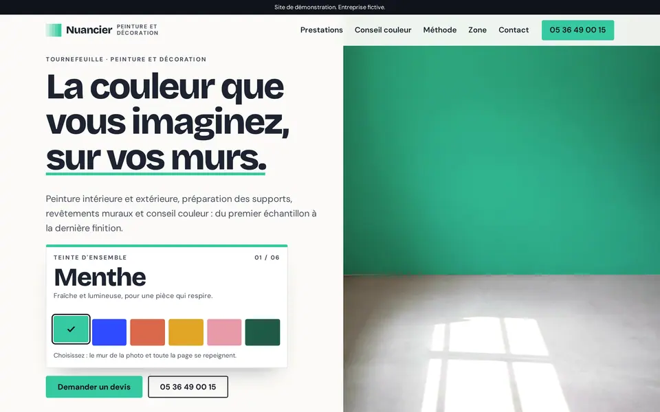Site de démonstration peintre, montré sur ordinateur, tablette et téléphone