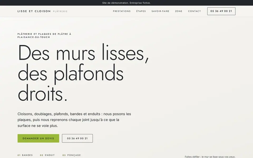 Site de démonstration plaquiste, montré sur ordinateur, tablette et téléphone