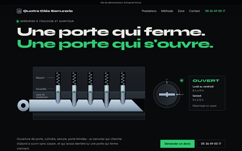 Site de démonstration serrurier, montré sur ordinateur, tablette et téléphone